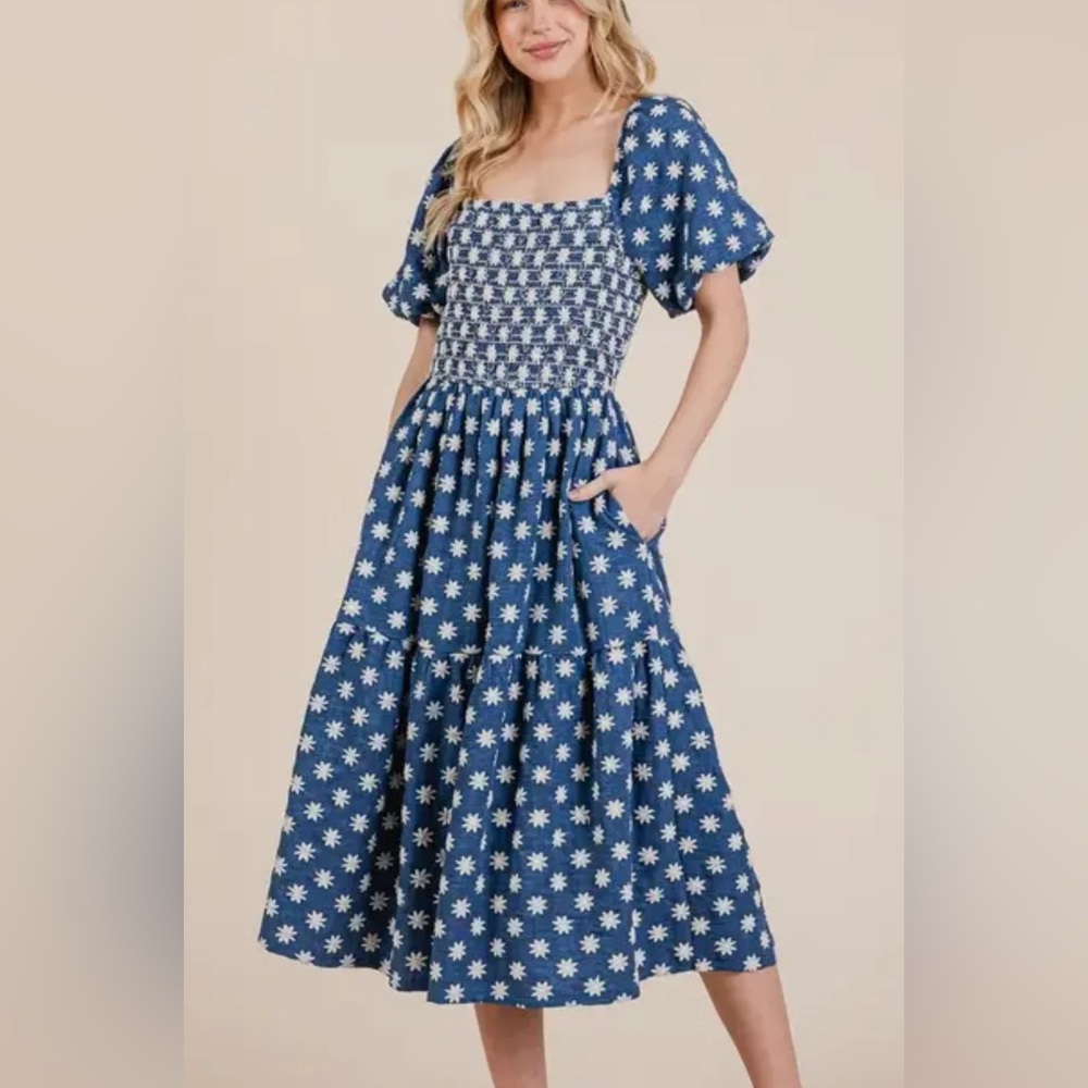 Dress, Smocked Embroidered Floral Midi | Denim-Blue | NWT, 2X